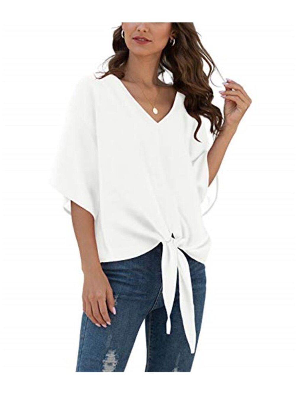 White Chiffon V Neck Tie Front Batwing Sleeve Loose Flowy Summer Blouse Top
